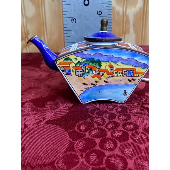 Vintage Kelvin Chen Miniature Teapot Beach Coastline Scene Blue Red Plaid Accent - Picture 7 of 7